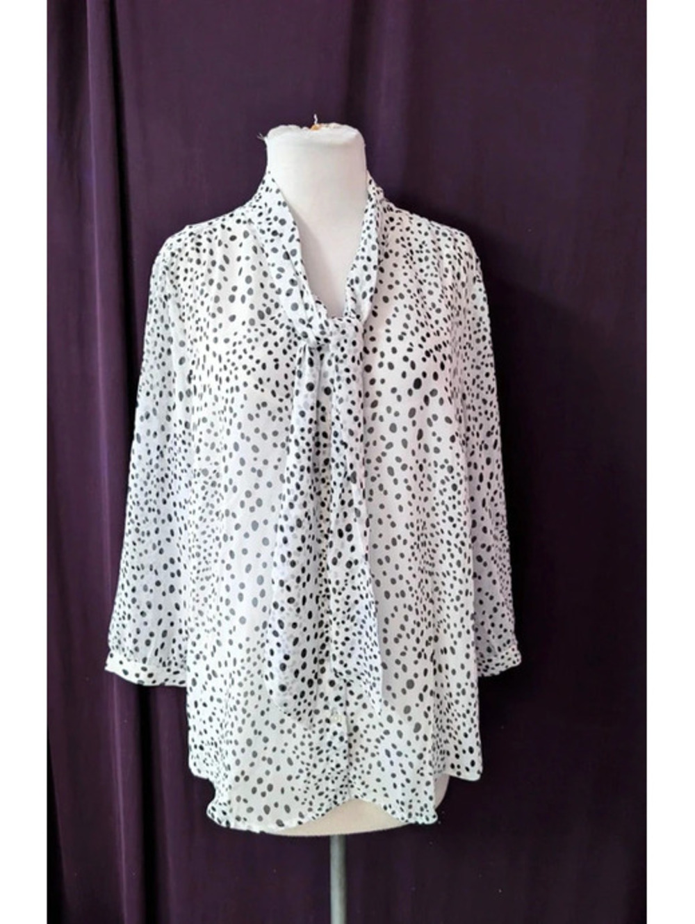 Liz Claiborne White Black Polka Dot Chiffon Work Blouse L